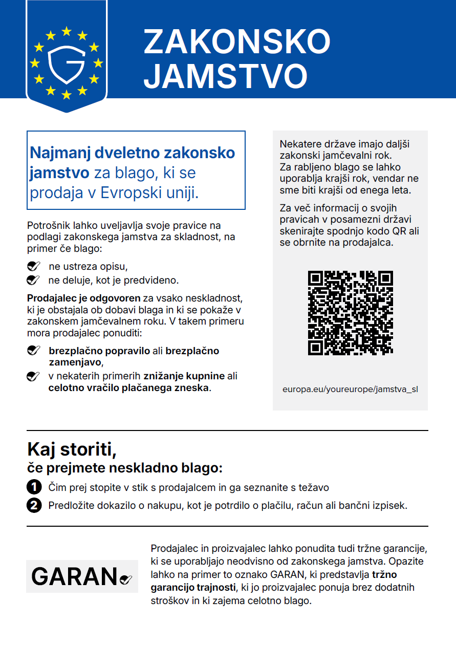 Uradno obvestilo EU o pravicah iz zakonskega jamstva za skladnost